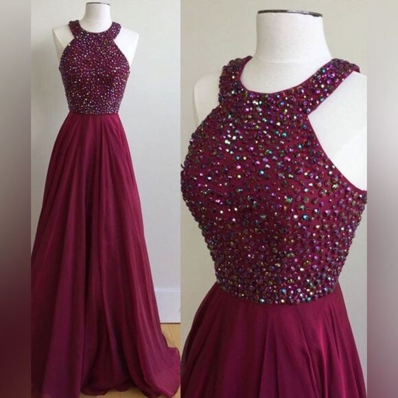 Sherri Hill Beaded Halter Back Fit & Flare Burgundy Ball Gown – Size 18 - Picture 2 of 13